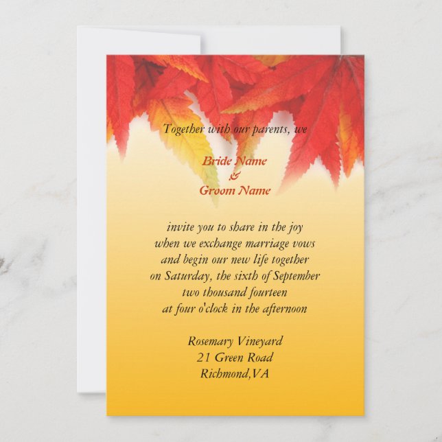 Invitation de mariage d'automne. Feuilles d'érable (Devant)