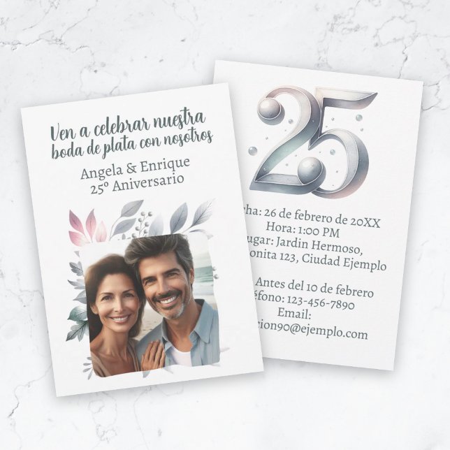 Invitation de mariage de 25 ans d'argent avec phot (Invitación de boda de plata de 25 años con foto invitation)