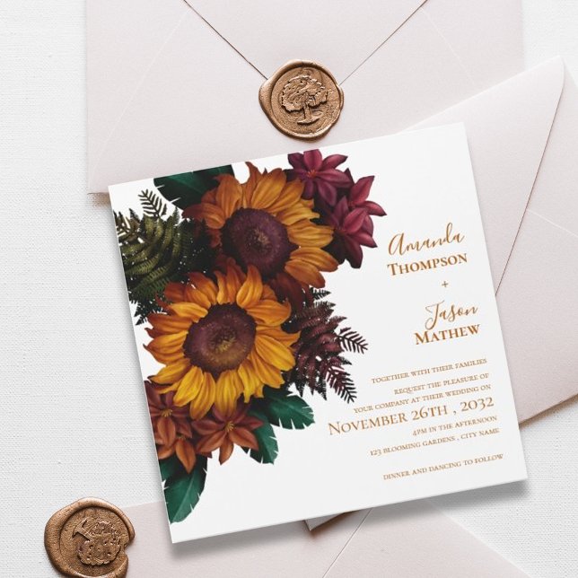 Invitation de Mariage de automne  à la florale ora (Burnt Orange Rustic Floral Wedding Invitation)