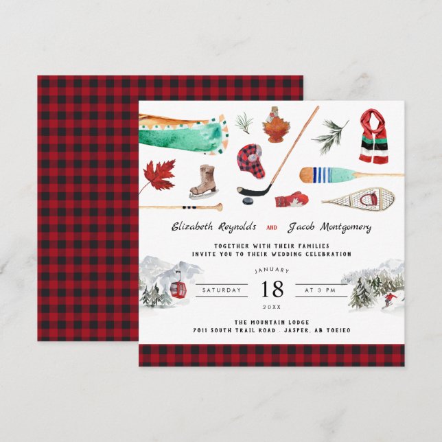 Invitation de mariage de camping en montagne hiver (Devant / Derrière)