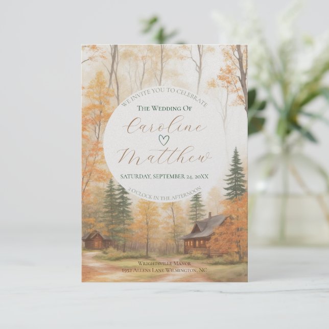 Invitation de mariage de chalet d'automne (Debout devant)