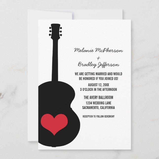 Invitation de mariage de coeur de guitare rouge/no (Devant)