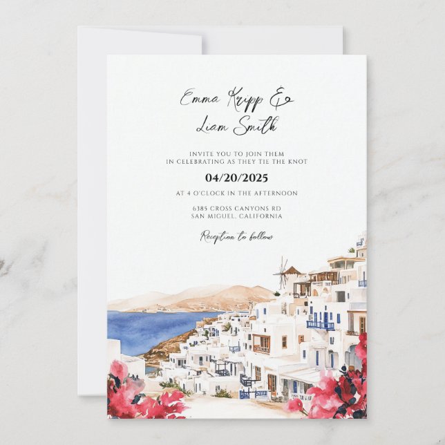 Invitation de mariage de destination grecque à Myk (Devant)
