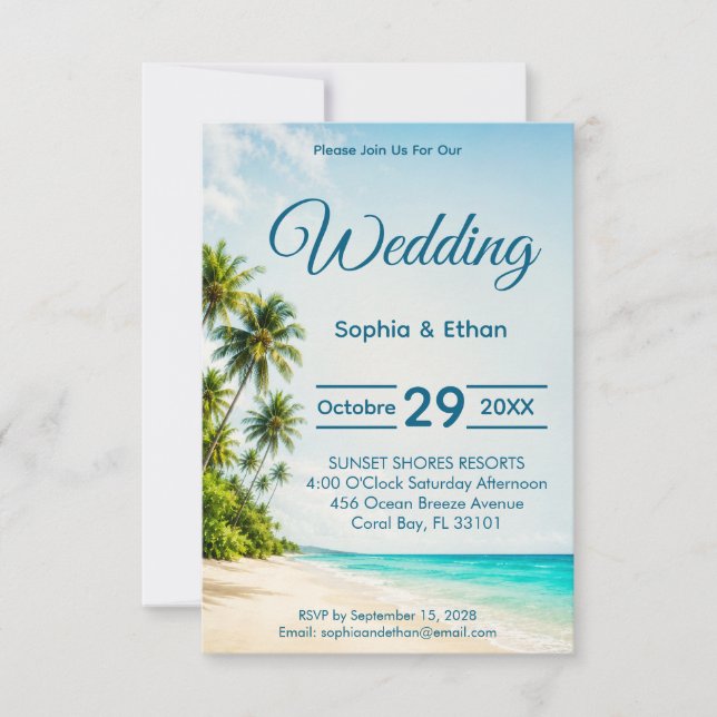 Invitation de mariage de destination Ocean Paradis (Devant)