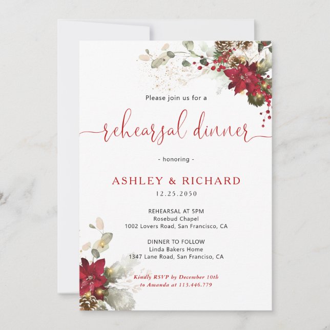 Invitation de mariage de dîner de Noël à fleurs ro (Devant)