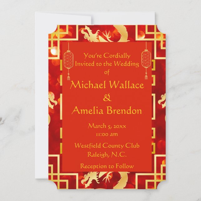 Invitation de Mariage de dragon rouge et or (Devant)