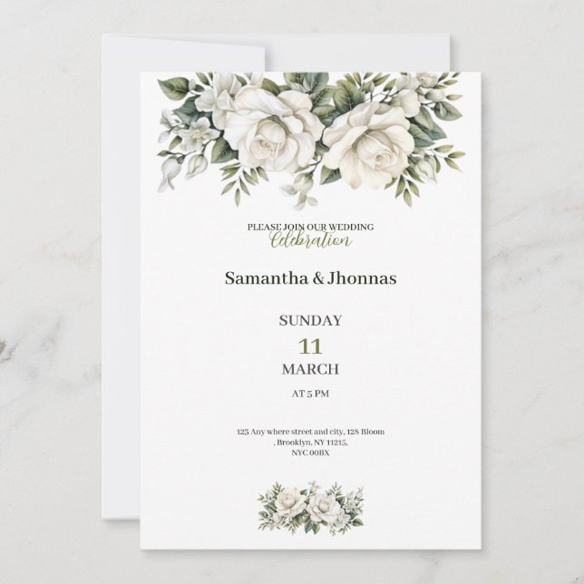 Invitation de mariage de luxe Roses blanches dorée (Devant)