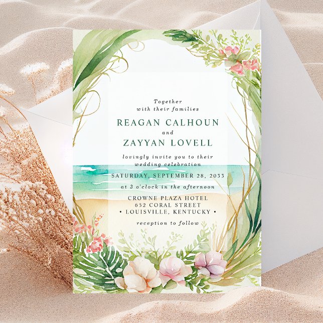 Invitation de mariage de plage à l'aquarelle vert  (Créateur téléchargé)