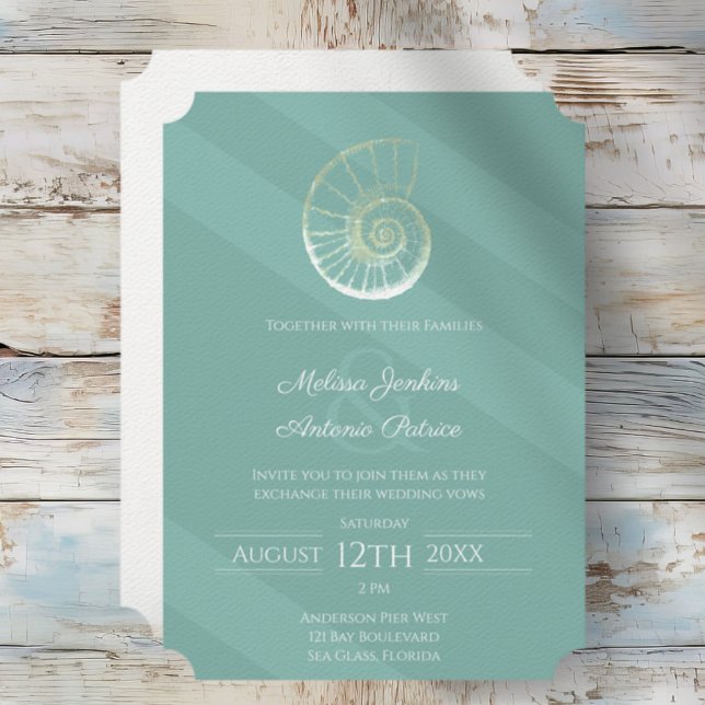 Invitation de mariage de plage en verre de mer mod (Modern Seashell Coastal Chic Beach Wedding Invitation)