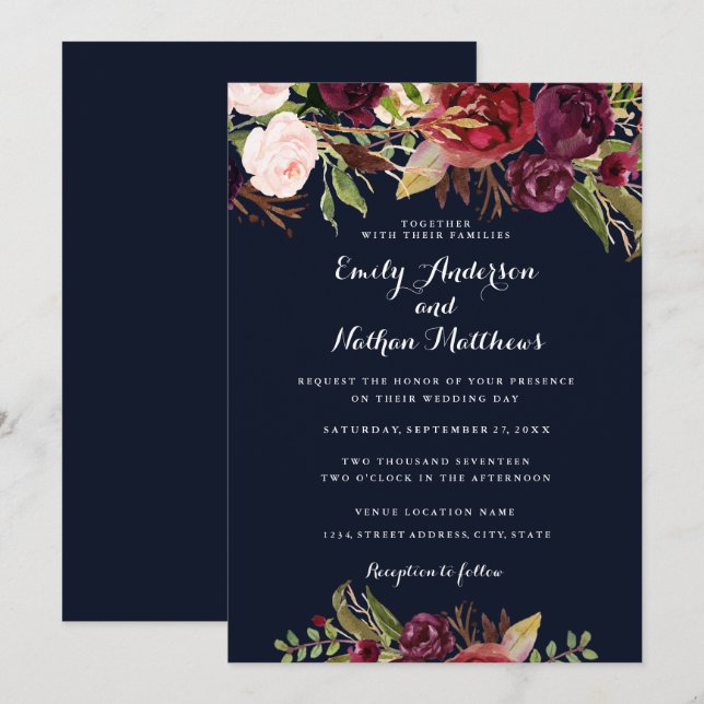 Invitation de mariage de printemps de la marine de (Devant / Derrière)