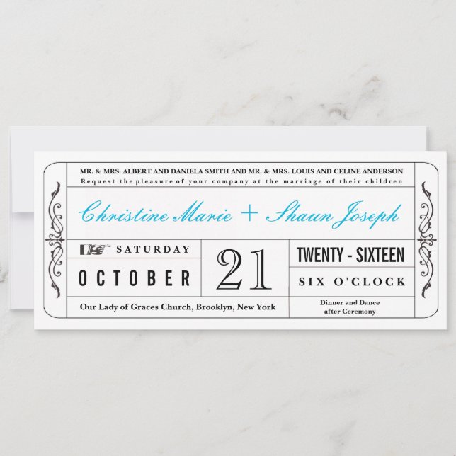 Invitation de Mariage de style vintage en bleu (Devant)