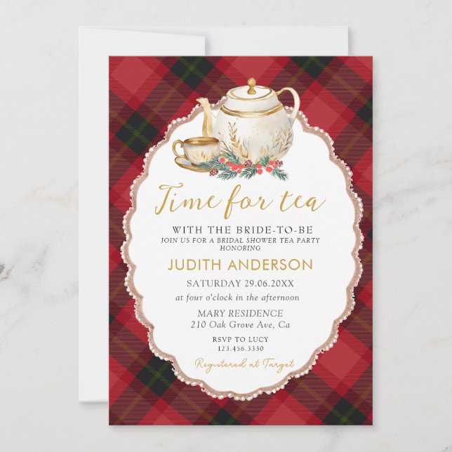 Invitation de mariage de thé à carreaux de Noël (Devant)