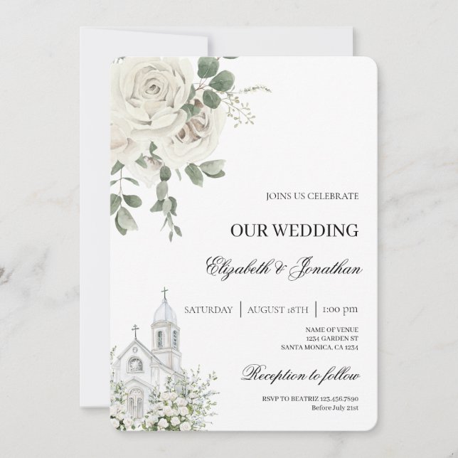 Invitation de mariage d'église florale blanche (Devant)