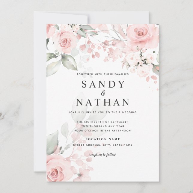 Invitation de mariage délicate rose rose tendre (Devant)
