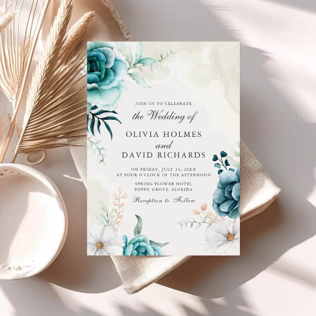 Invitation de mariage des Fleurs sauvages Turquois (Boho Off-White Teal Wildflowers Wedding Invite on a sunny neutral boho table.)