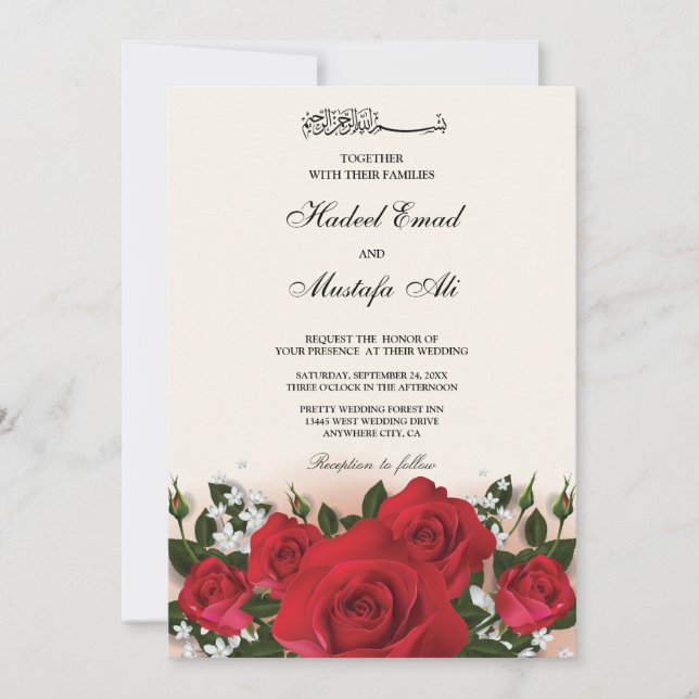 invitation de mariage des musulmans à fleurs rouge (Devant)
