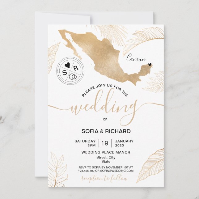 Invitation de mariage destination Mexique Or Cœur  (Devant)