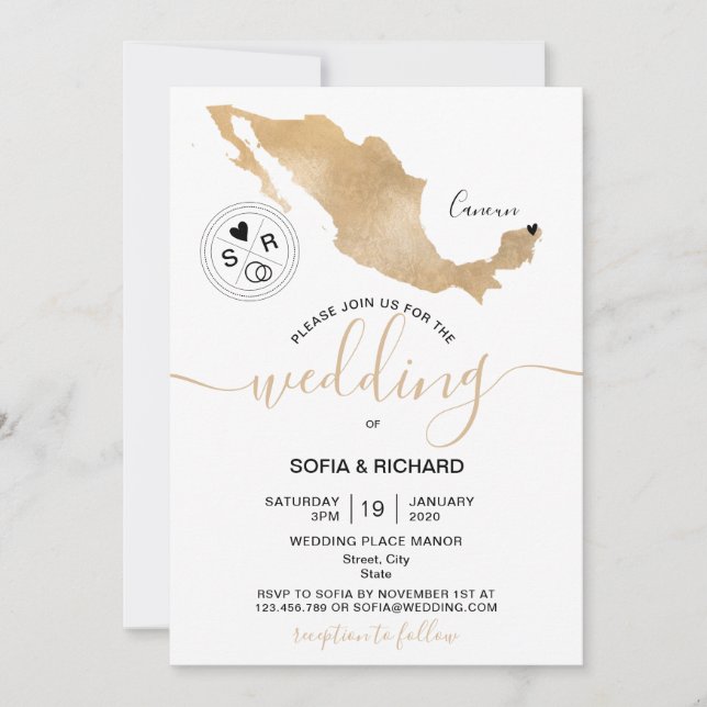 Invitation de mariage Destination Mexique Or Cœur  (Devant)