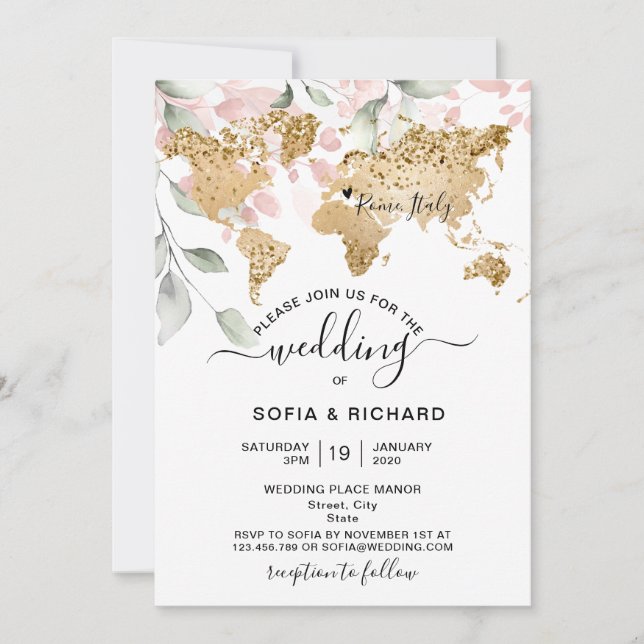 Invitation de mariage Destination Or Carte du Mond (Devant)