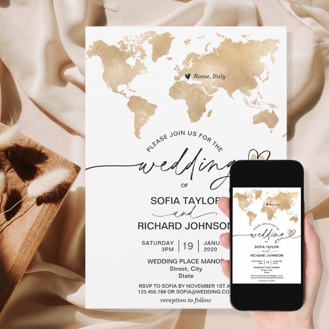 Invitation de mariage Destination Or Carte du Mond (Créateur téléchargé)