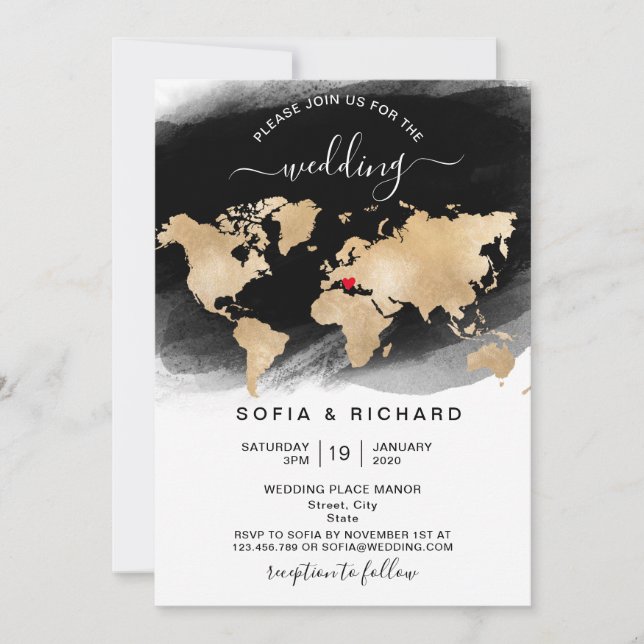 Invitation de mariage Destination Or Carte du Mond (Devant)