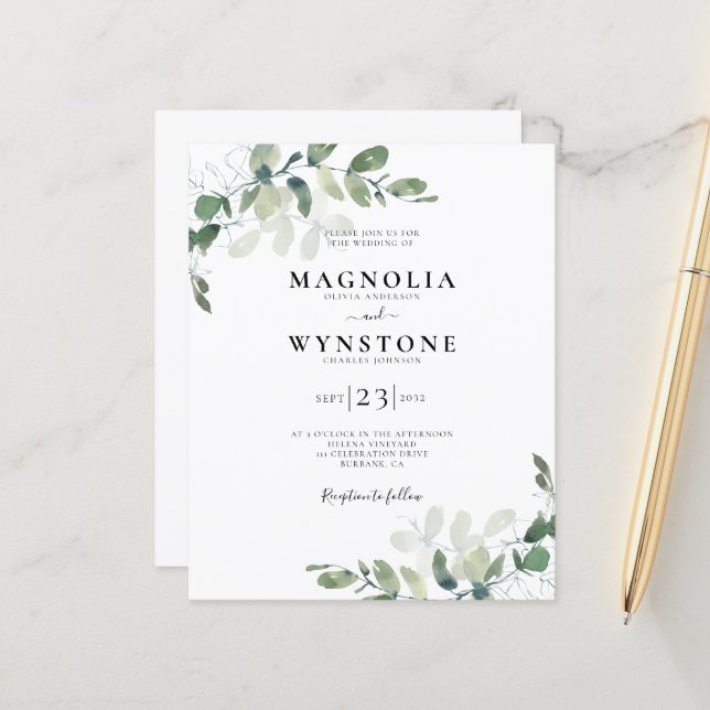 Invitation de mariage Détails Eucalyptus Budget (Devant/Arrière en situation)