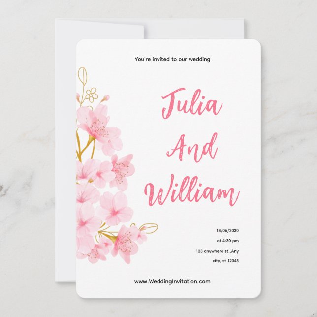 Invitation de mariage d'été florale rose élégante (Devant)