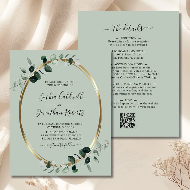 Invitation de mariage d'Eucalyptus Code QR Budget (Budget Eucalyptus Gold Sage QR Code Double Sided All in One Wedding Invitation)