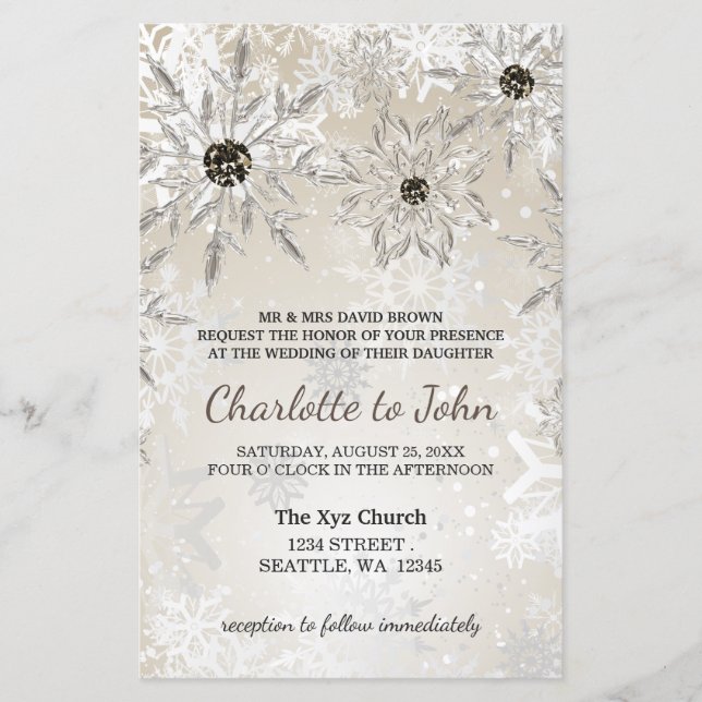 Invitation de mariage d'hiver aux flocons d'or Bud (Devant)