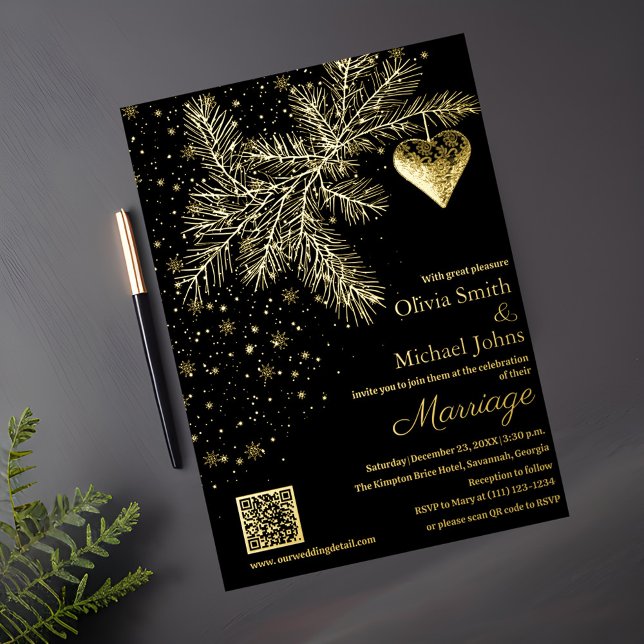 Invitation de mariage d'hiver noir et or Code QR (Créateur téléchargé)