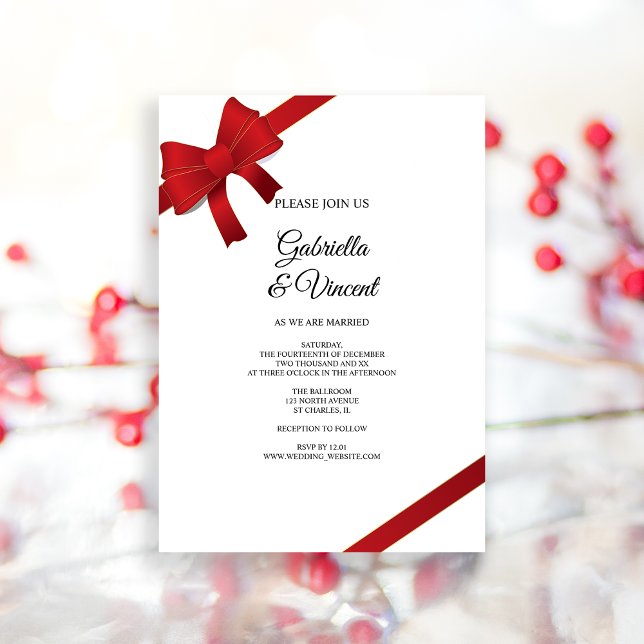 Invitation de mariage d'hiver Red Bows (Invite guests to your wintery marriage with the festive Red Bows Winter Wedding Invitation.)