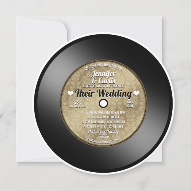 Invitation de mariage disque vinyle rétro (Devant)