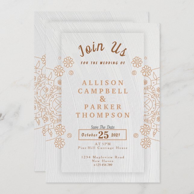 Invitation de mariage dorée et blanche (Devant / Derrière)