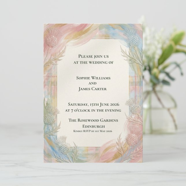 Invitation de mariage écossais Tartan Floral Chard (Debout devant)
