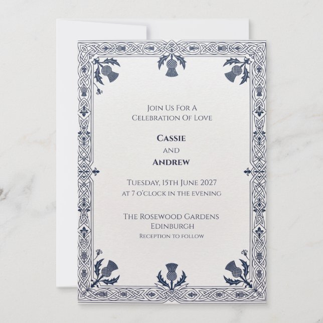 Invitation de mariage écossaise Blue Thistle Corne (Devant)