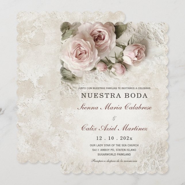 Invitation de Mariage Élégant avec Fleurs Rose Pâl (Devant / Derrière)