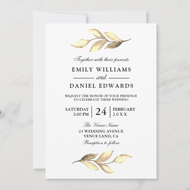 Invitation de mariage élégant de la feuille d'or m (Devant)