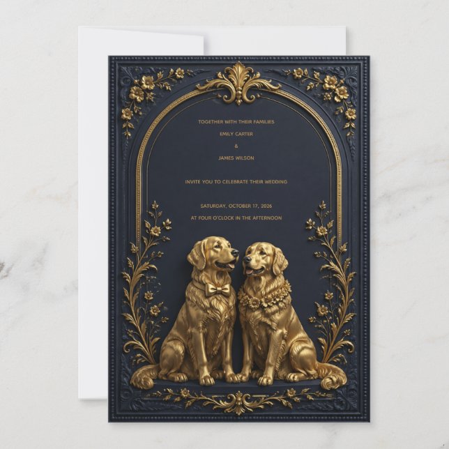Invitation de mariage élégante 3D Golden Retriever (Devant)