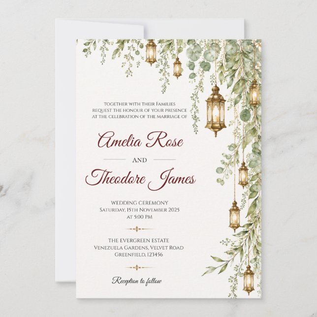 Invitation de mariage élégante à lanterne aquarell (Devant)