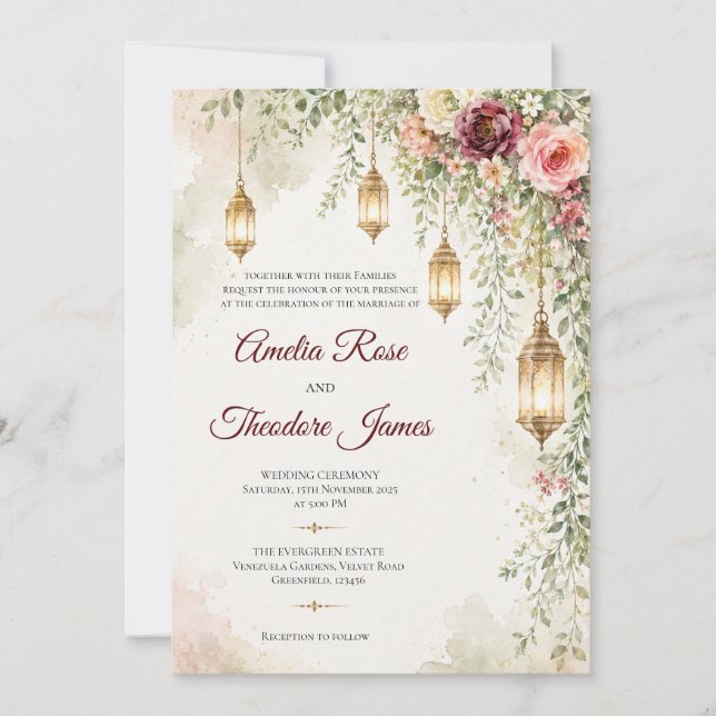 Invitation de mariage élégante à lanterne en aquar (Devant)