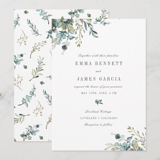 Invitation de mariage élégante à l'aquarelle eucal (Devant / Derrière)