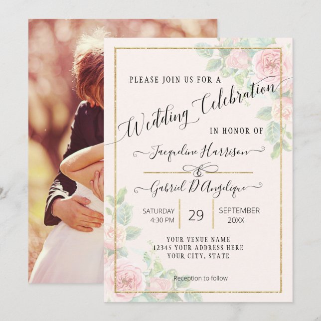 Invitation de mariage élégante à l'aquarelle flora (Devant / Derrière)