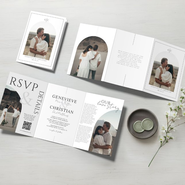Invitation de mariage élégante à trois volets avec (Arch and Minimal Tri-fold wedding invitation with photos)