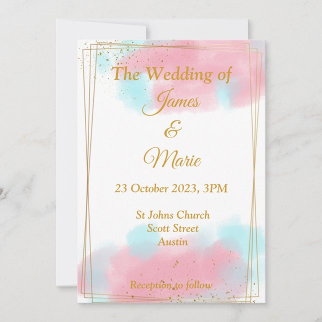 Invitation de mariage élégante, aquarelle rose, bl (Devant)