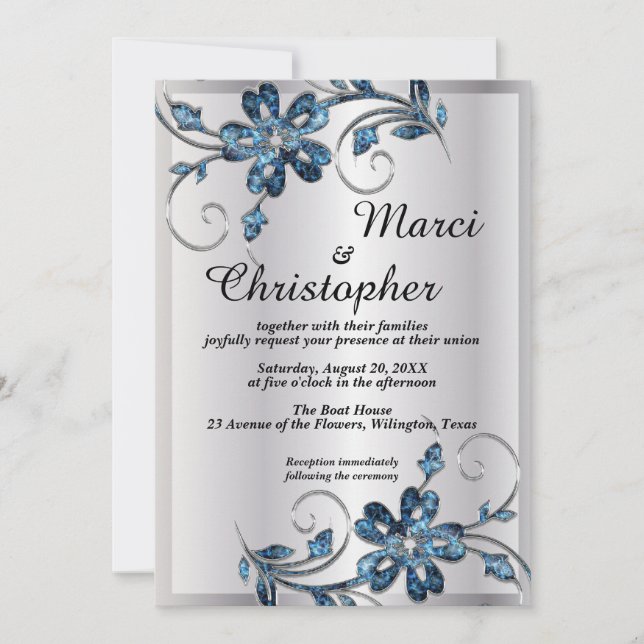 Invitation de mariage élégante argent et bleu (Devant)
