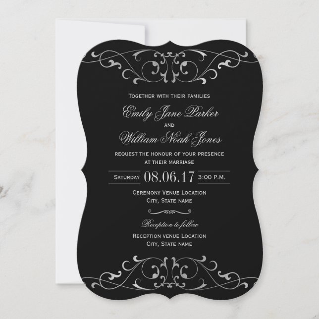 Invitation de mariage élégante argent noir (Devant)