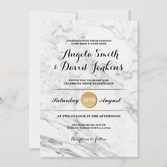 Invitation de mariage élégante Art Déco en or marb (Devant)