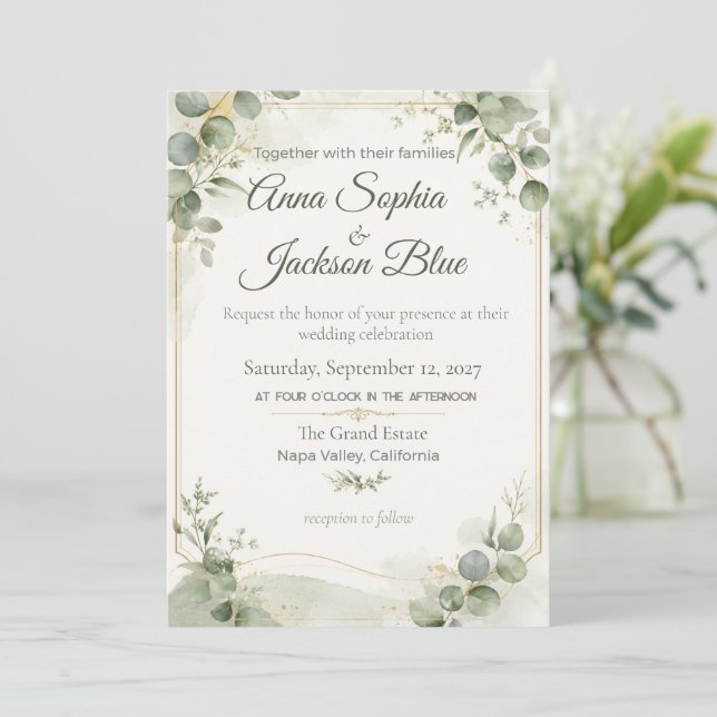 Invitation de mariage élégante au vert sauge et eu (Debout devant)