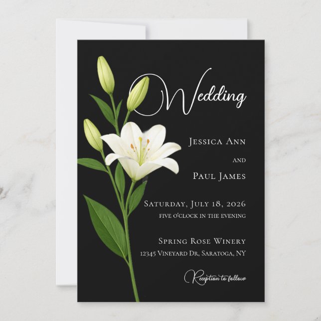 Invitation de mariage élégante aux lys noir et bla (Devant)