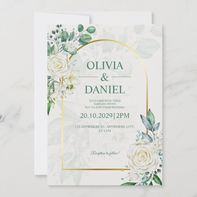 Invitation de mariage élégante aux roses blanches  (Devant)